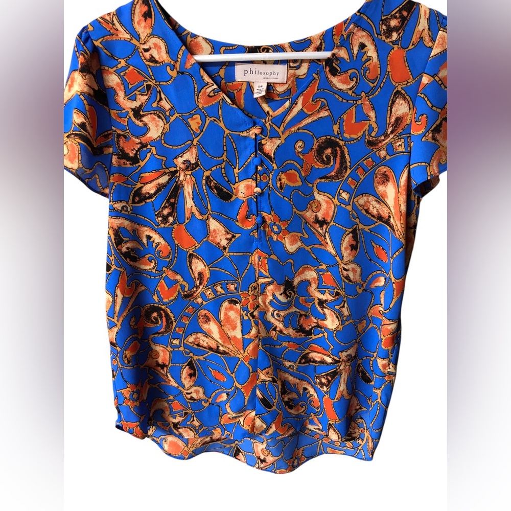 Philosophy Blouse with Vibrant Blue and Orange Colors BNWOT!